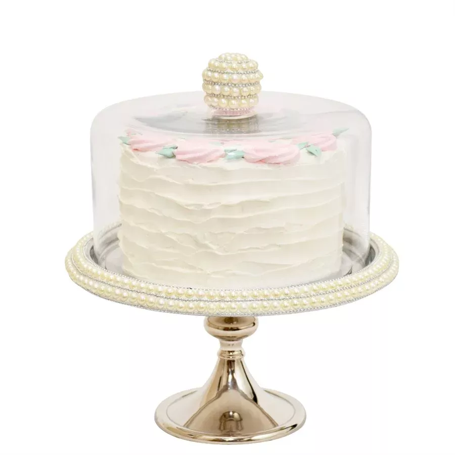 11 Inch Silver Cake Stand with Glass Dome | Pearl Trim Dessert Display Stand | NY Cake