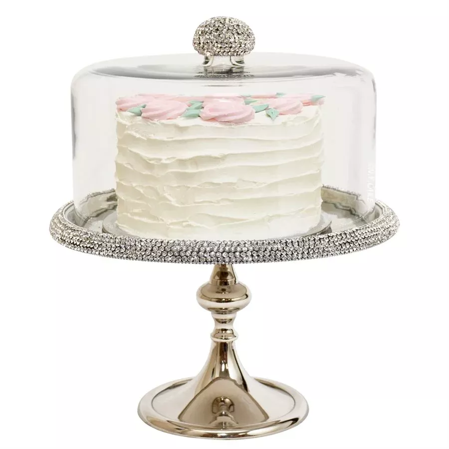 12.25 Inch Silver Diamond Cake Stand with Glass Dome | Dessert Display Stand | NY Cake