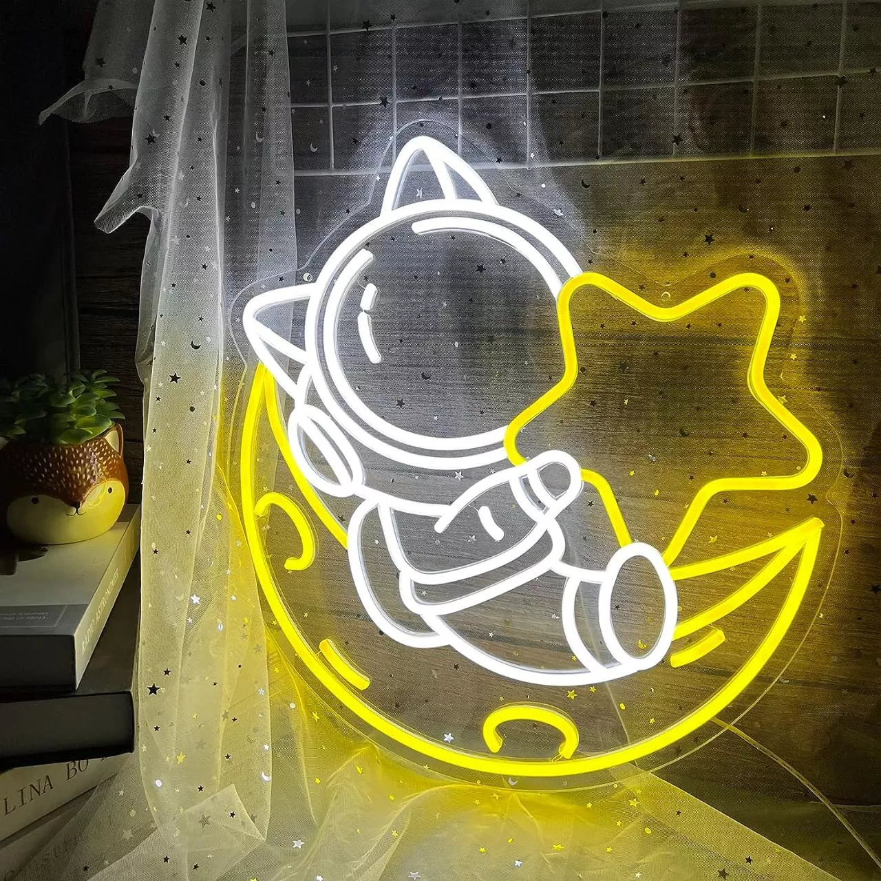 Astronauts Holding Stars Neon Sign