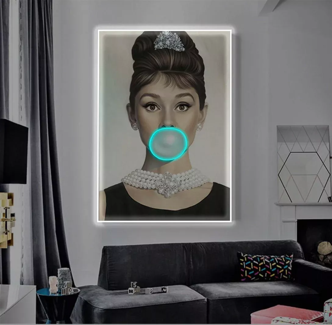 Audrey Hepburn Poster with Blue Bubble Neon Art Sign