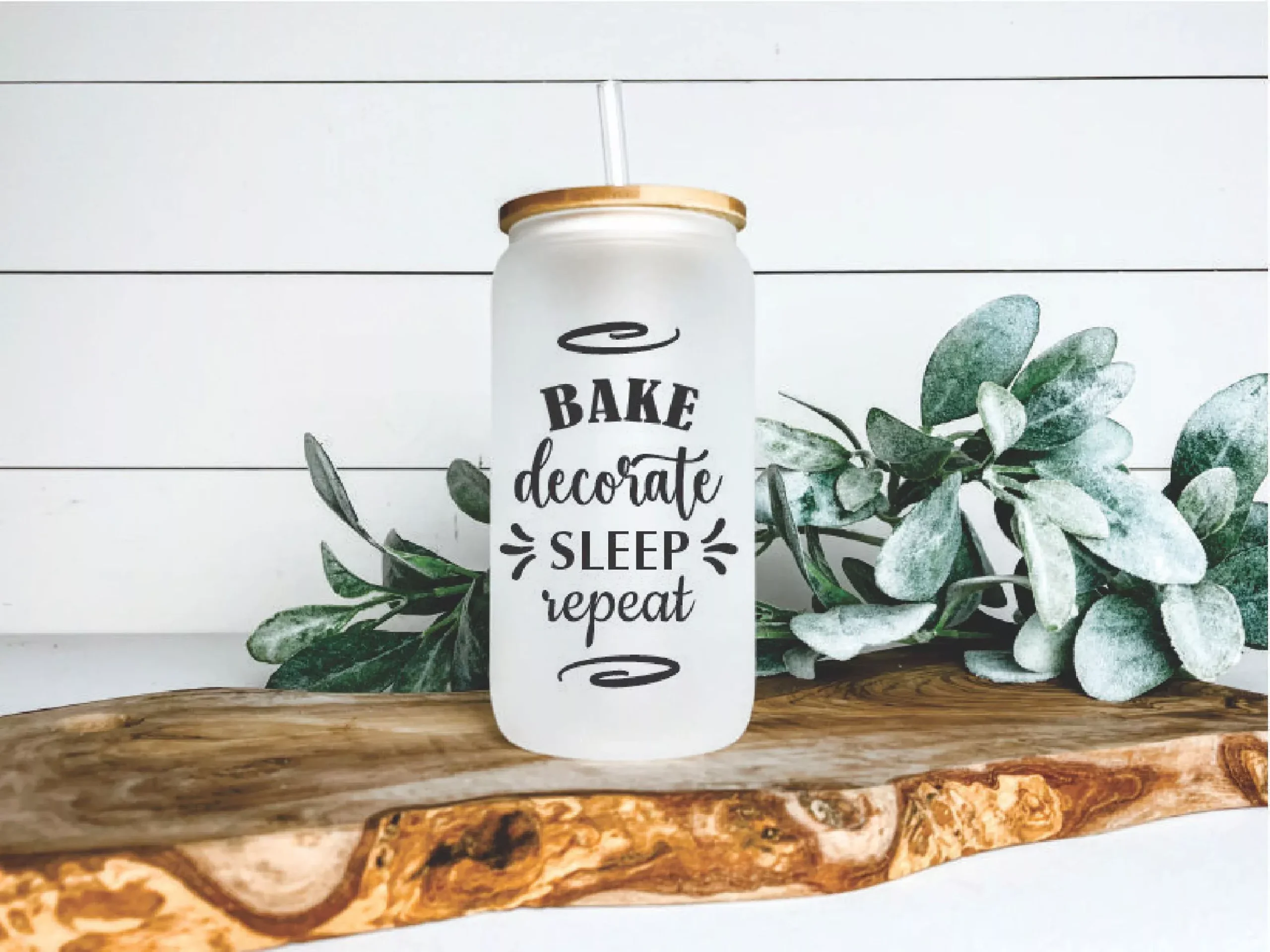 Frosted 16 Oz Glass Can with Bamboo Lid and Straw - Bake-Decorate-Sleep-Repeat
