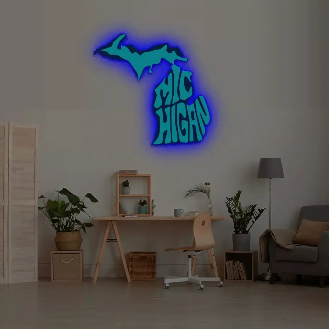 MICHIGAN Map Backlit Metal Wall Art (Vinyl Print)