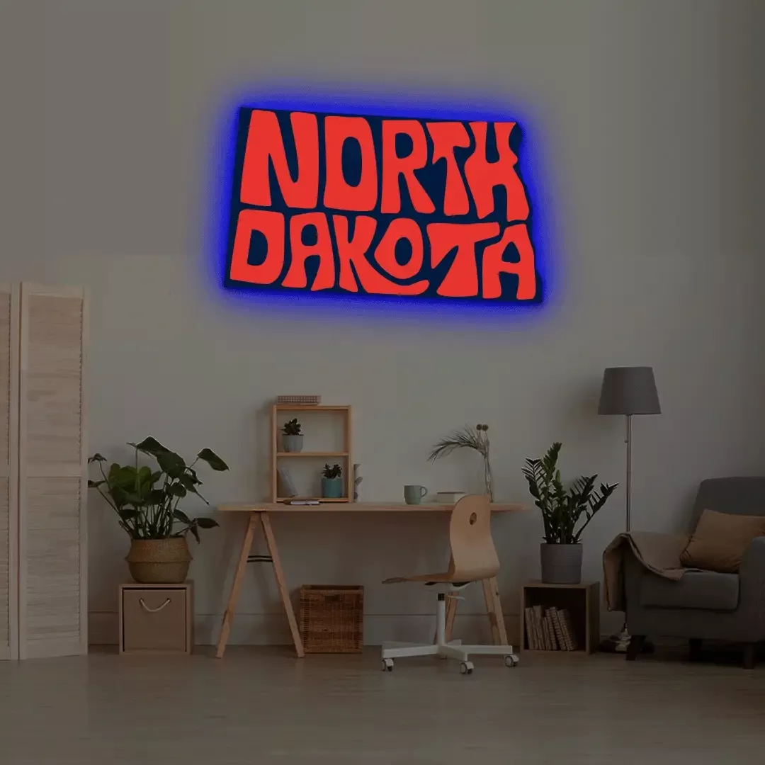 NORTH DAKOTA Map Backlit Metal Wall Art (Vinyl Print)