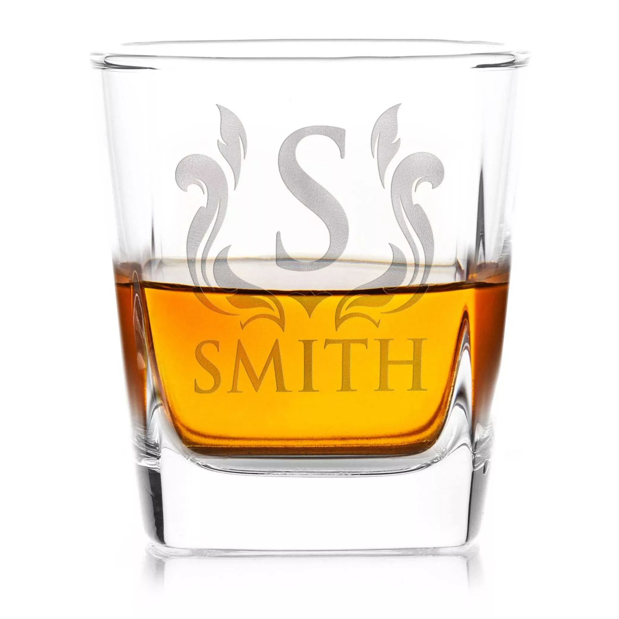 Personalized Whiskey Glass with Flame Logo & Initial