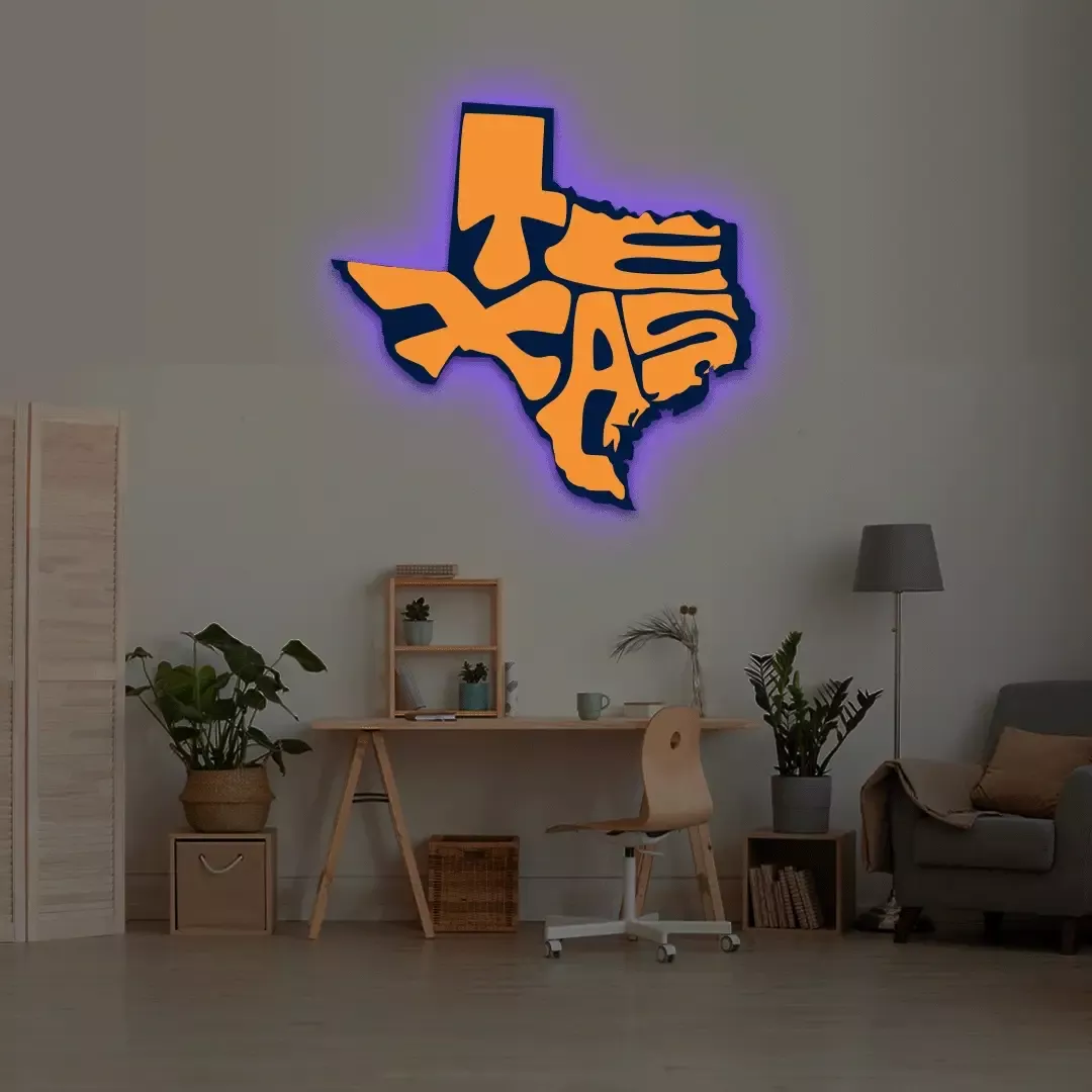 TEXAS Map Backlit Metal Wall Art (Vinyl Print)